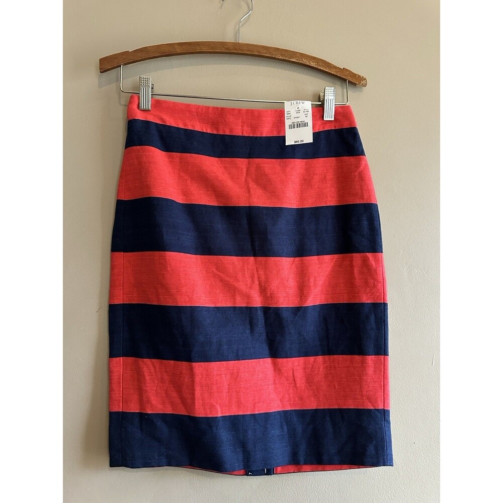 NWT J CREW The Pencil Skirt Linen Cotton‎ Blend Size 00 Red Navy Office Preppy